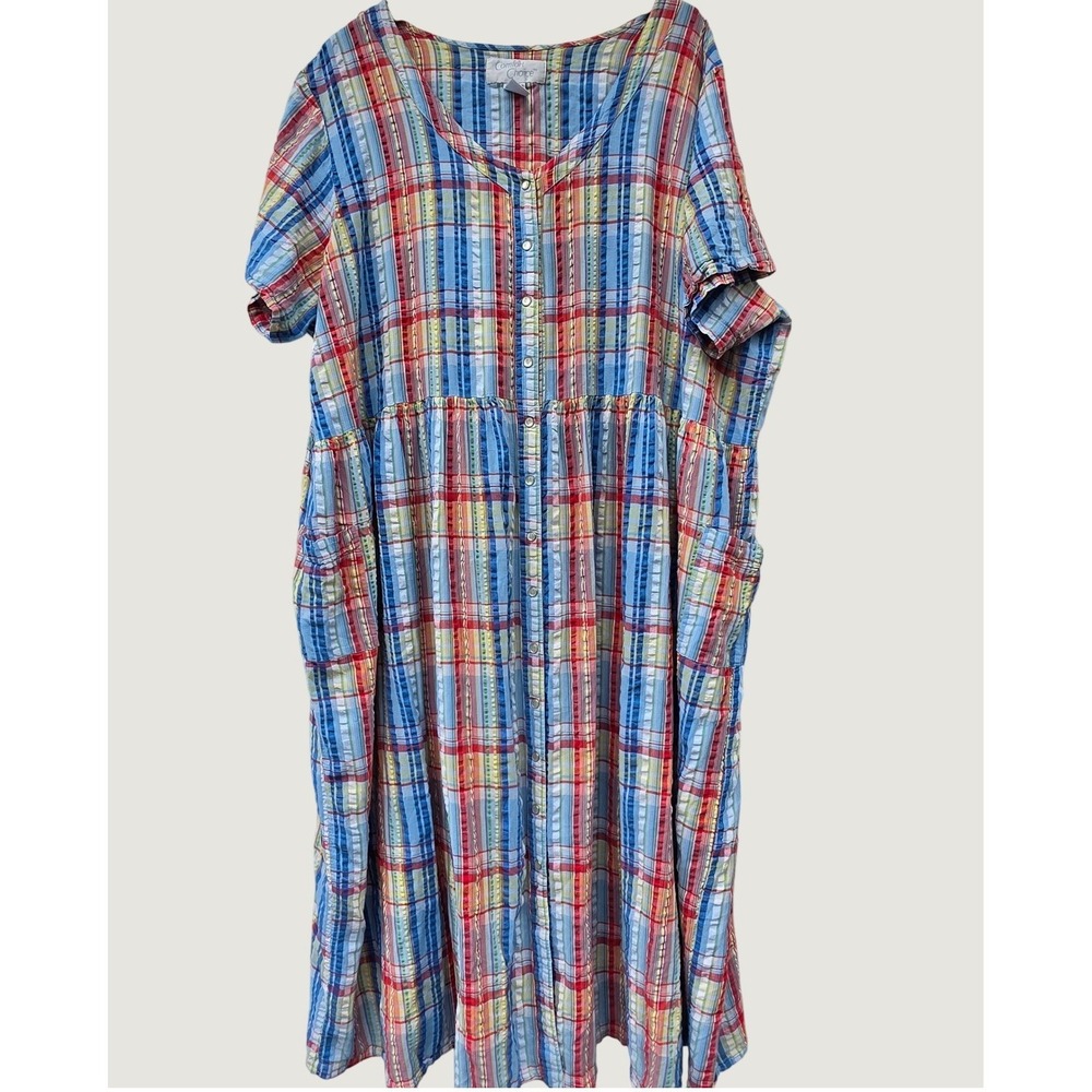 Comfort Choice 4X Rainbow Plaid Cotton Seersucker Snap Front House Dress Pockets